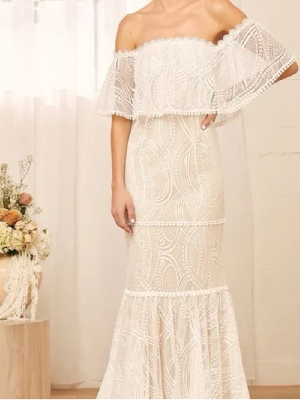 Lulu's Cream Off-Shoulder Lace Mermaid Dress